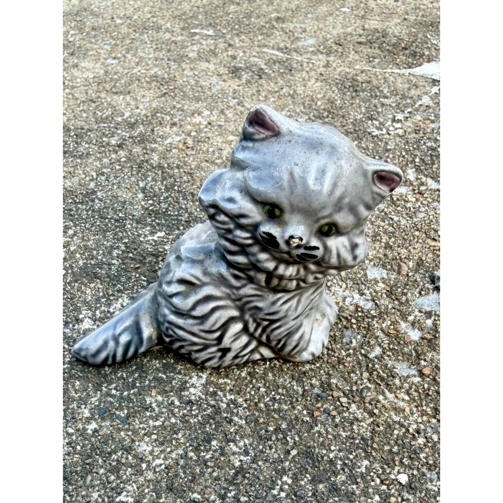 Vintage Ceramic Grey Tabby Kitten Figurine Persian Cat Green Eyes Mini Statue